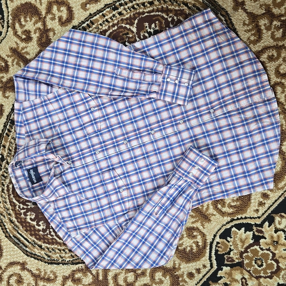 Wrangler Plaid Snap Shirt Western Cowgirl Cowboy Retro Rodeo Orange Blue Y2K